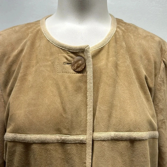 St John Suede Leather Coat Jacket Cashmere Lined Pockets Tan Beige Womens Size 8 - Picture 5 of 11